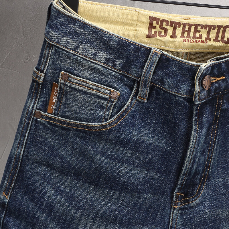 Fashion Vintage Men Jeans High Quality Retro Washed Blue Elastic Stretch Slim Fit Ripped Jeans Men Casual Designer Denim Pants