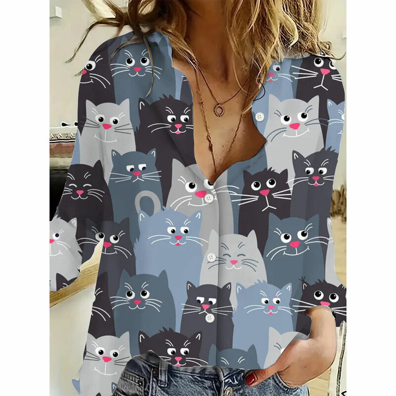 Camisas con estampado de gato para mujer, blusa informal de manga larga con botones, ropa a la moda para verano, 2024