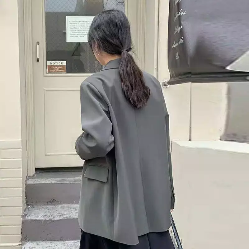 Lnsozkdg Серый Свободный Повседневный женский пиджак 2024 новый весенний осенний однотонный однобортный небольшой костюм Блейзер верхние пальто