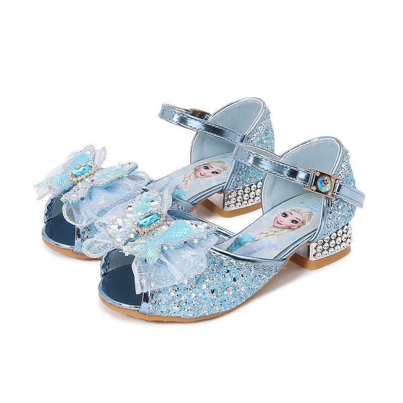 Disney-Princess Butterfly Leather Shoes para meninas, Frozen Elsa, laço, salto alto, purpurina, crianças, crianças, festa, moda