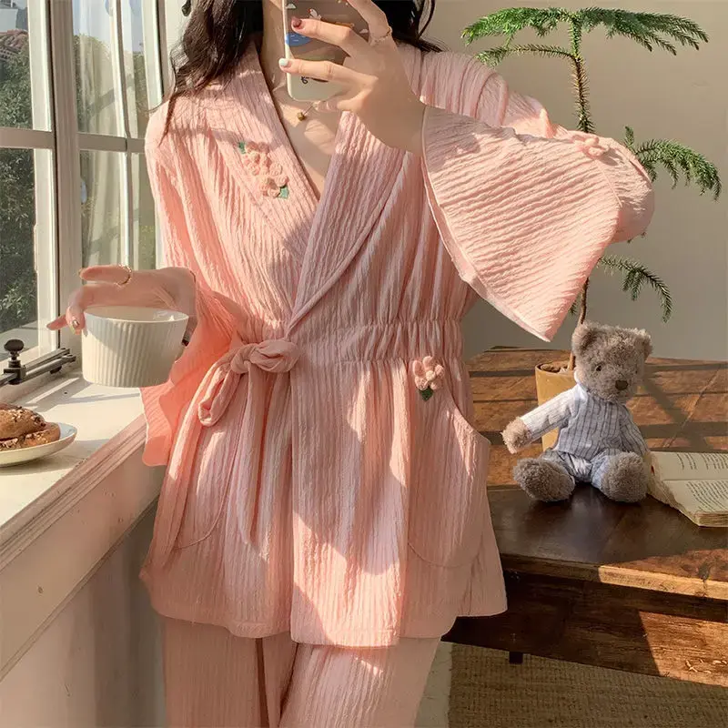 Autumn New Women Long-Sleeved Cotton Thin Pajamas Comfort and Casual Home Wear Loose Breathable Two-Piece Suit 2023