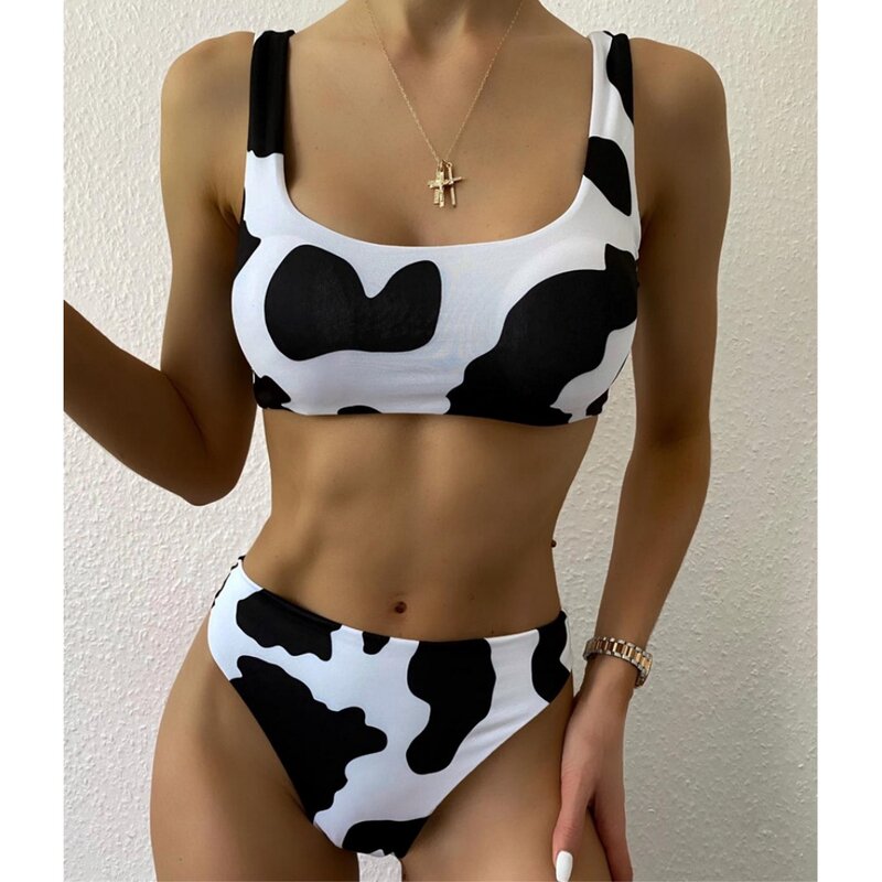 Fato de banho biquíni estampado vaca feminino, roupa de banho tankini, moda praia, biquíni tanga, 2 peças