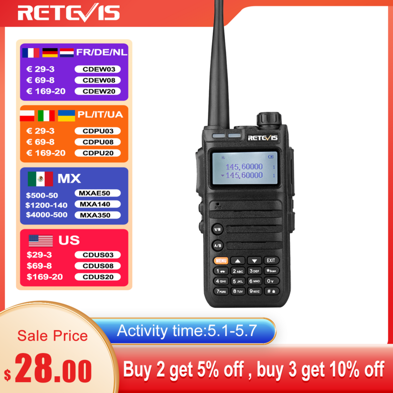 راديو لاسلكي من Retevis طراز RA685 يعمل في اتجاهين طويل المدى ومزود بشاحن USB من النوع C ذو تردد UHF VHF بقوة 5 واط