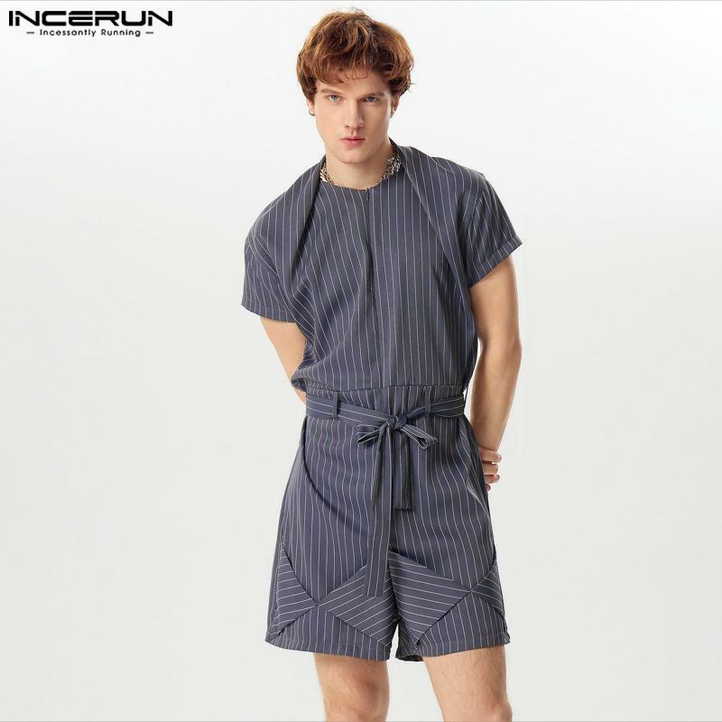 Incerun-Macacão masculino de manga curta Stripe Design, Streetwear casual, macacão, novo, estilo americano, moda, S-5XL, 2022