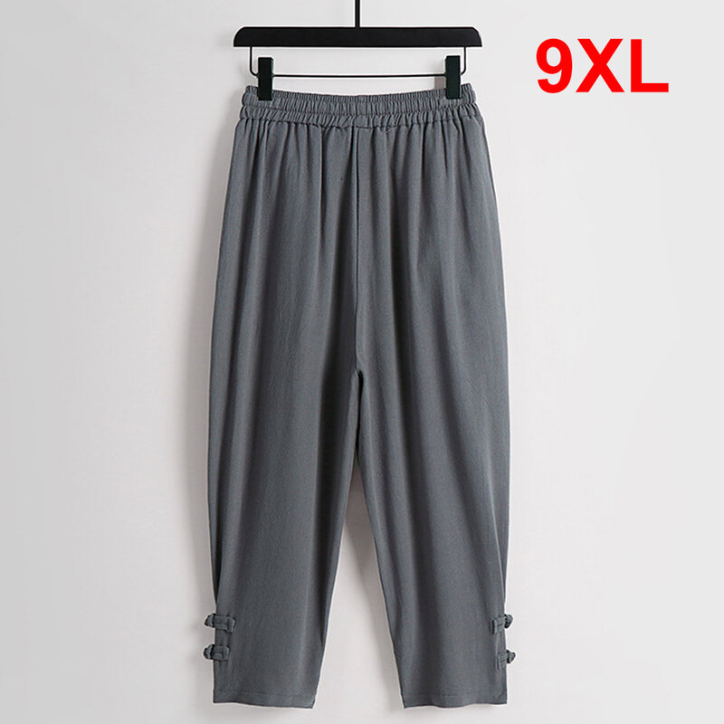 กางเกงผ้าลินินผู้ชายยาวถึงข้อเท้าในฤดูร้อนกางเกงเอวยางยืดสำหรับ9XL ไซส์ใหญ่ลำลองสีพื้น