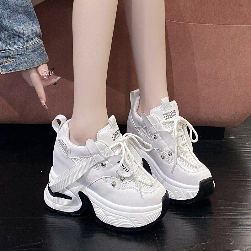Damskie grube trampki wiosenne oddychające siatkowe obuwie 10CM buty na koturnie buty na platformie Chaussures Femme sportowe buty dla taty
