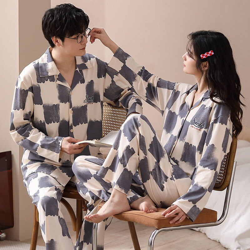 Ensemble de pyjamas en coton coréen pour couples, vêtements de détente de printemps, vêtements de nuit pour filles, pyjama à revers doux pour hommes, pyjamas trempés pour la maison, 10/2019
