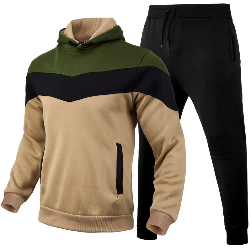 Set hoodie olahraga pria, setelan hoodie dan celana olahraga 3 warna blok musim gugur dan musim dingin 2024