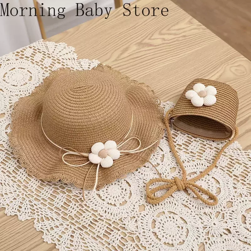 Fashion Flower Kids Girls Summer Caps Children Sunscreen Sun Hat Straw Hat Bag for Beach Baby Accessories for 2-8 Years Kids
