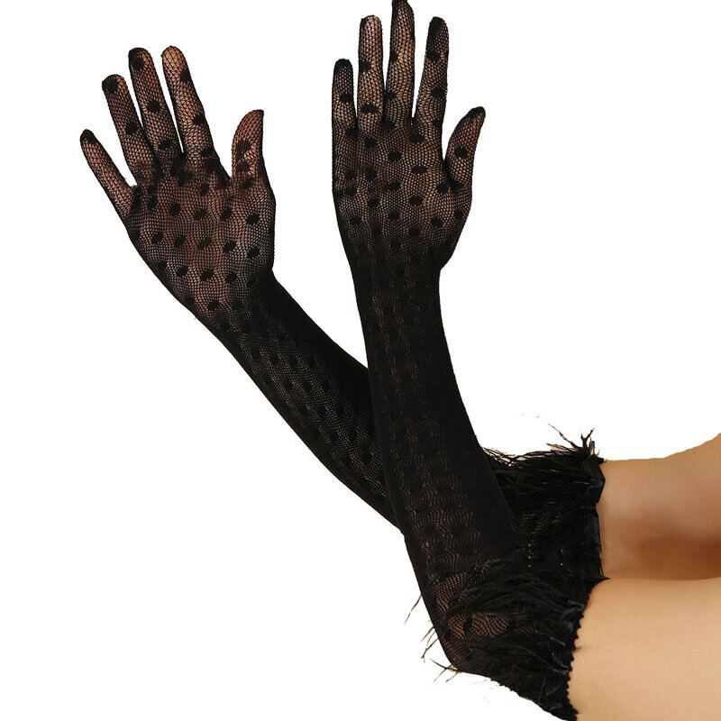 Women\'s Gloves Creative Medium long cross-hollowed party gloves Fashion black stretch breathable mittens C062-3