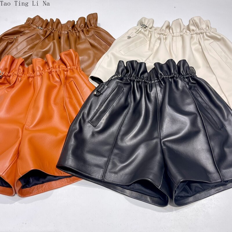 Tao Ting Li Na Autumn New Bud Drawstring Sheepskin Leather Shorts Elastic High Waist Wide Leg Shorts G14