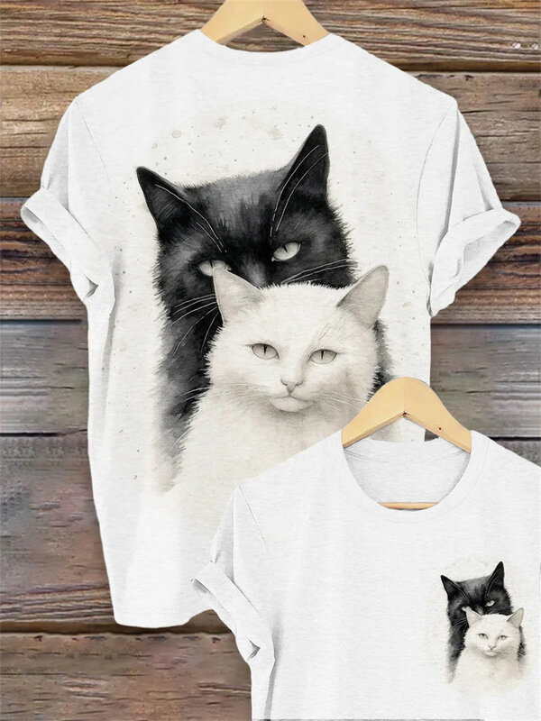 Camiseta de manga curta de gato feminino estampada em 3D, roupa feminina, blusa casual diário, moda verão, fofa