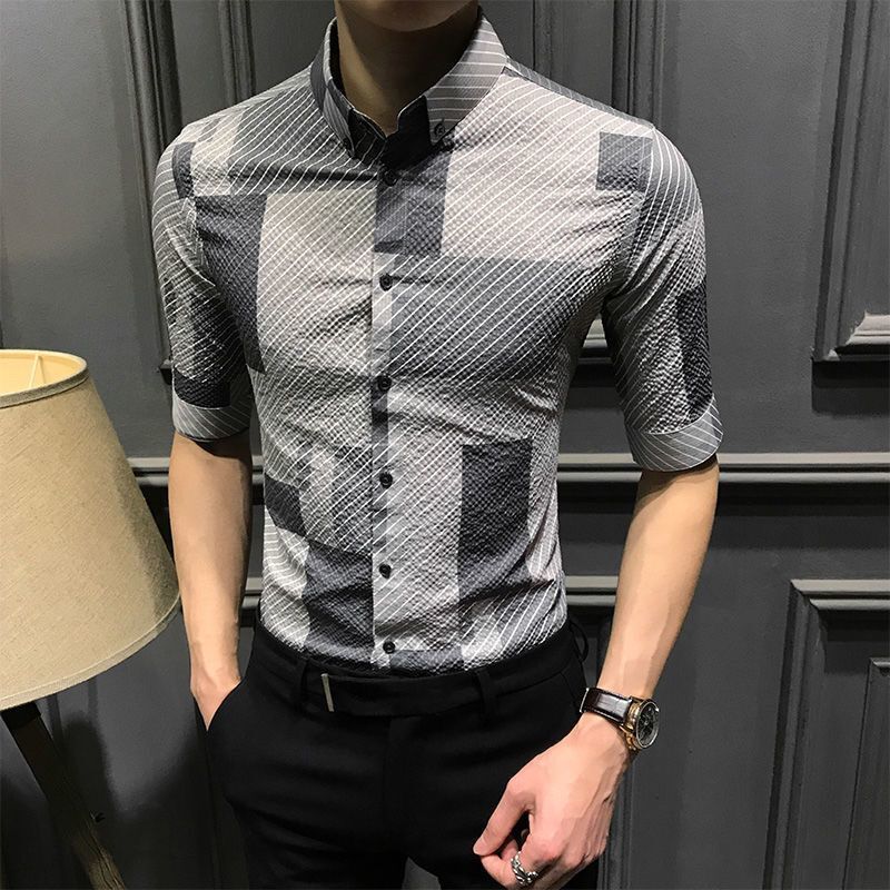 Camisa masculina de botão lapela estampado três quartos, design coreano simples na moda, luxo respirável blusa fina, nova, primavera, verão