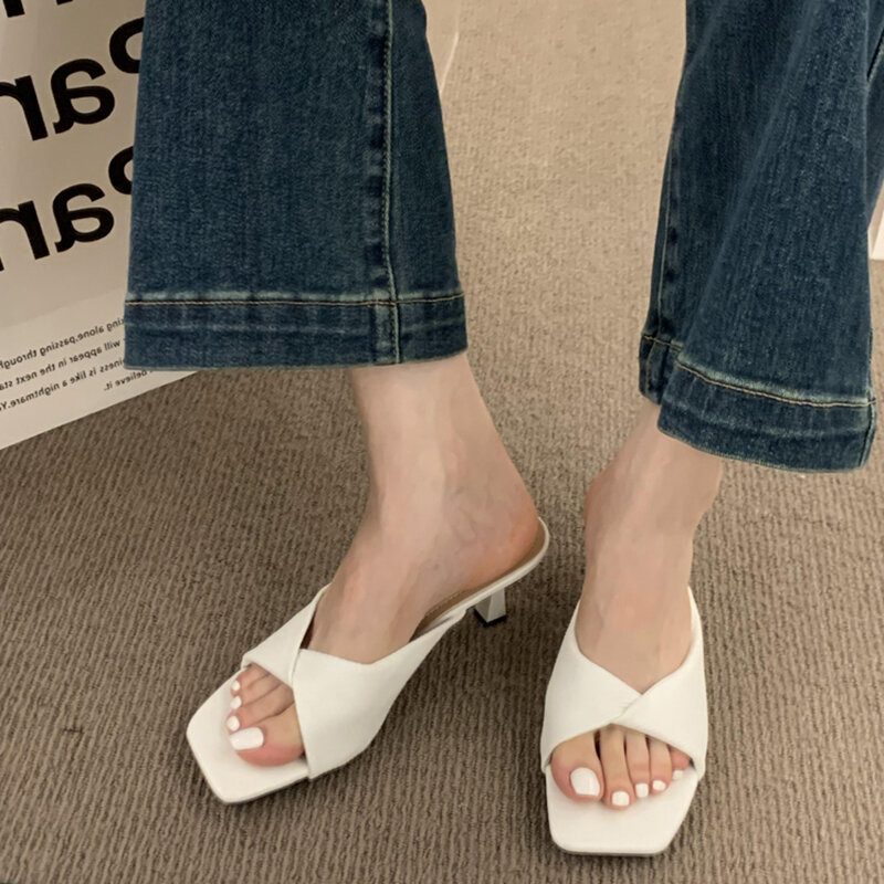 2024 letnie pantofle damskie na wysokim obcasie moda eleganckie z wystającym palcem slajdy Outdoor Casual Slip On Office Lady Sandalias