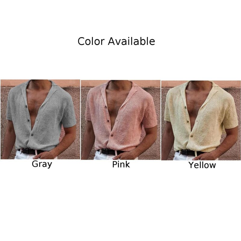 잘 생긴 남성용 단추 셔츠, 뜨게 상의, 비치 티, 반팔 티셔츠, 통기성 블라우스, 단추 다운 셔츠, 여름 패션