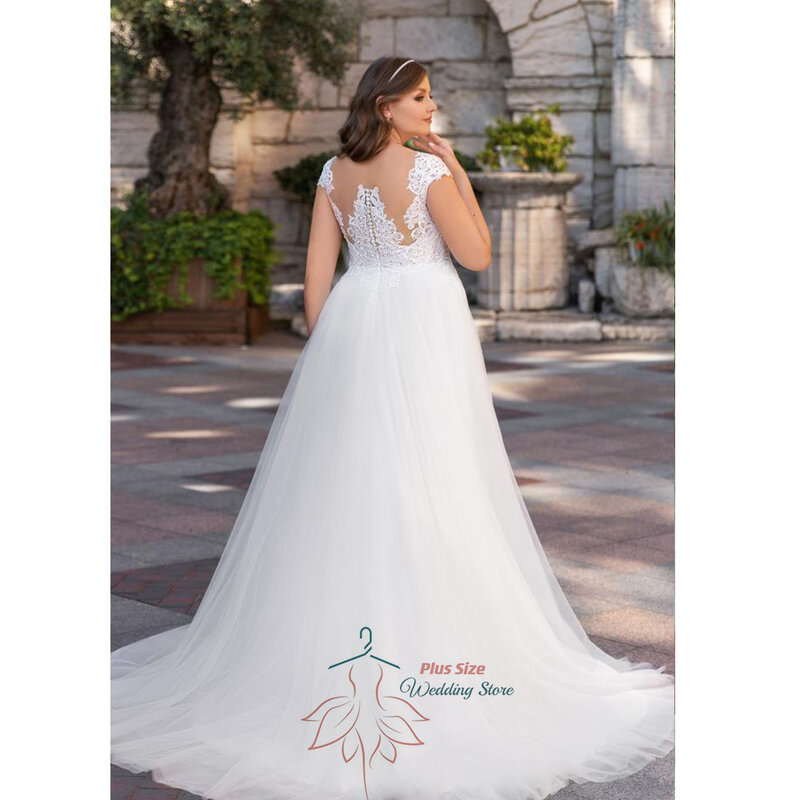 Pastrol Wedding Dress For Women V-Neck Cap Sleeves Backless Bride Gown Tulle A-Line Sweep Train Vestido De Noiva Plus Size