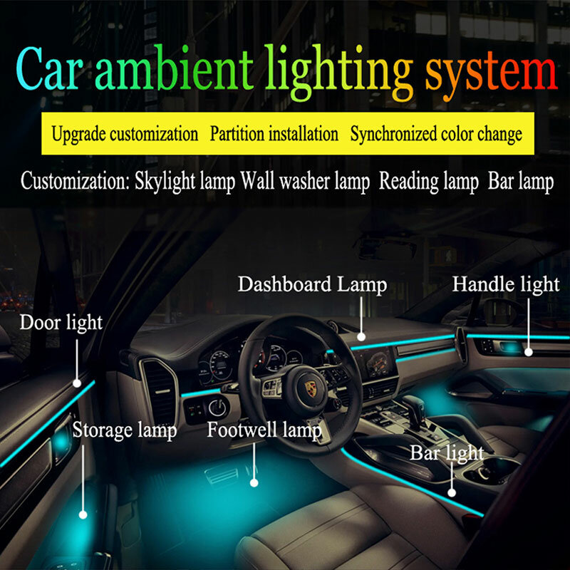Interior Acrílico Guia de Luz de Tira para Carro, Luzes Ambientais, Decoração De Fibra Óptica, Lâmpada Atmosfera, 64 Cores, RBG, 18 em 1 LED