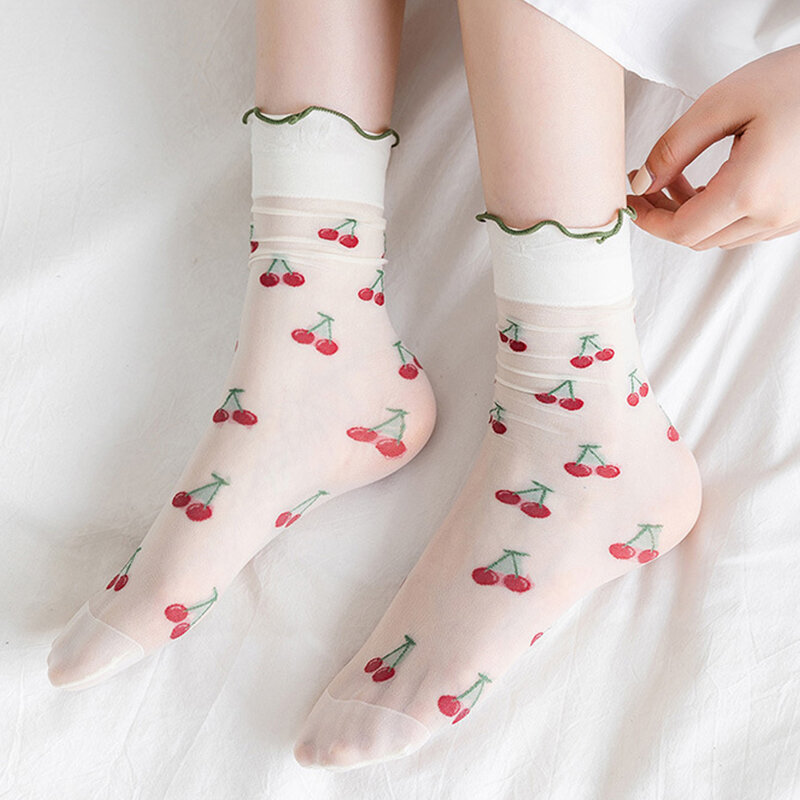 Meias femininas de renda ultra fina morango, meias translúcidas para tubo, plissado, respirável, malha, japonês, colorido, fofo, fêmea, 1 par