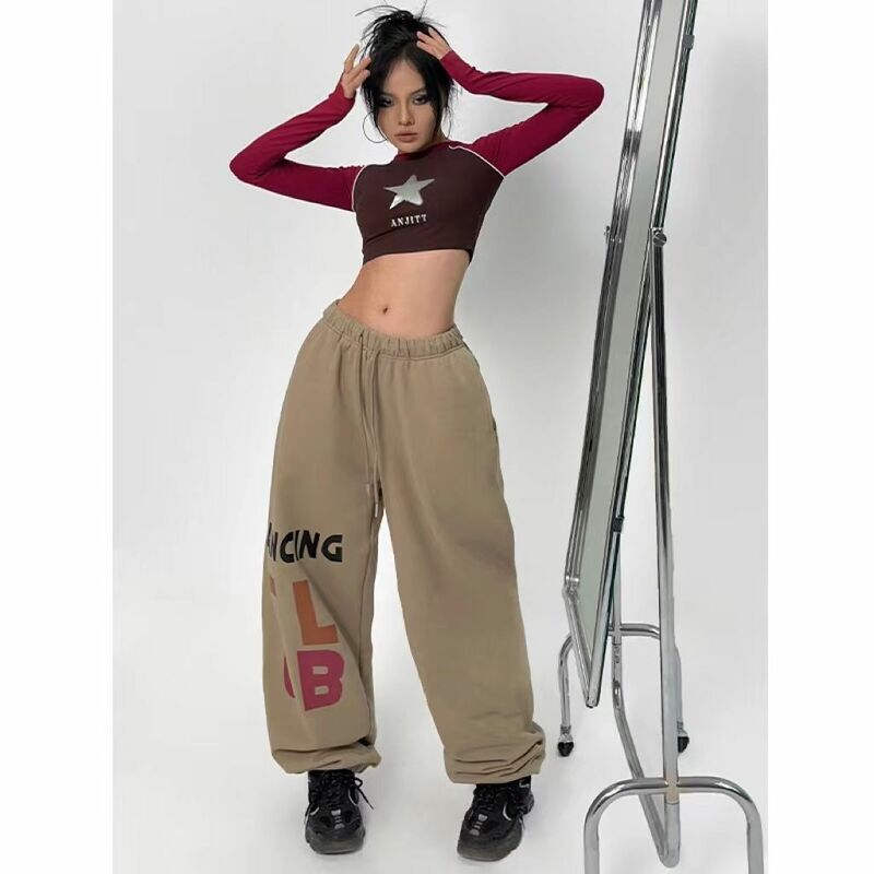 American 2023 High Street Leggings Sweatpants Women's Winter Design Sense Drawstring Printed Harun Pants Casual Pants Trendy ins