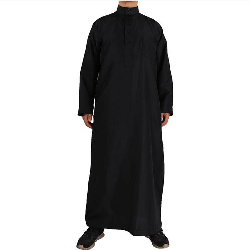Men's Standing Collar Button Pocket Muslim Robe Costume Fashionable Loose Breathable Solid Color Casual Long Sleeve Robe