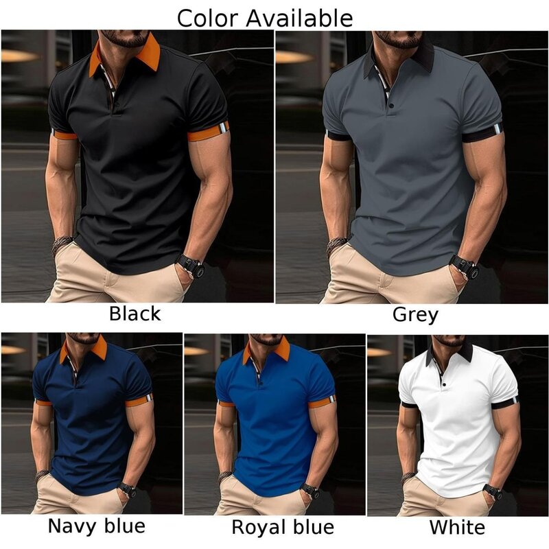 Kaus atasan Slim Fit hitam blus kaus atasan kancing kaus kasual putih kerah abu-abu M-2XL otot pria