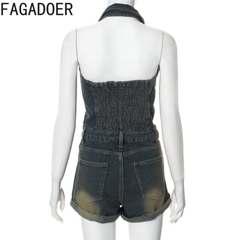 Fagadoer-女性の背中の開いたデニムボディコンロンパース、Vネック、ノースリーブ、ポケットジーンズジャンプスーツ、セクシーなストリートウェア、ホルター、ファッション、レトロ