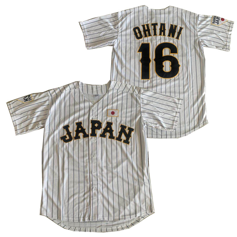 BG Kaus Bisbol Jepang 16 Kaus OHTANI Pakaian Olahraga Luar Ruangan Bordir Jahit Garis-garis Putih Hitam Hip-Hop Budaya Jalanan 2020