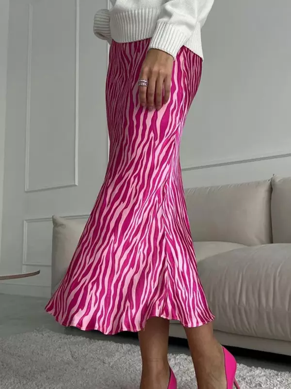 2024 letnie jesienne damskie eleganckie satynowe spódnice Midi z nadrukiem z wysokim stanem biurowa, damska szczupła spódnica ołówkowe Bodycon dla kobiet