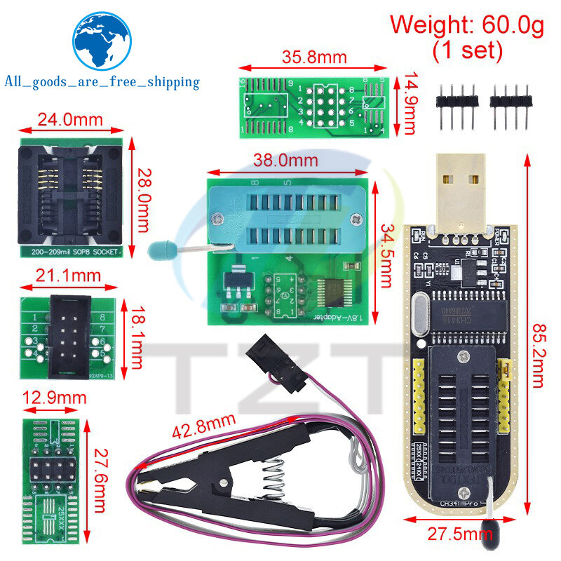 إصدار CH341B 24 25 سلسلة EEPROM فلاش السير وحدة مبرمج USB ، مشبك اختبار SOIC8 SOP8 لـ EEPROM 93CXX 25CXX 24CXX