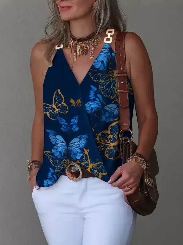 Neue elegante Bluse mit V-Ausschnitt für Frauen, sexy ärmelloser Ketten druck, lässige Damen oberteile, weiß, Sommer, 2024