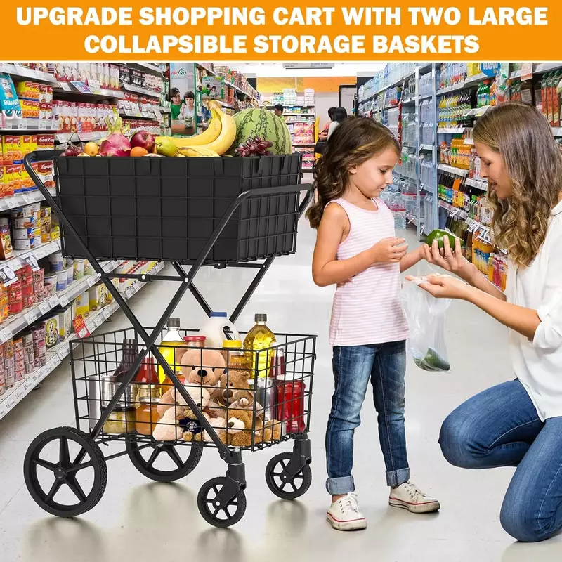 [2024] 2-Tier Extra Large Shopping Cart for Groceries, 400Lbs Grocery Cart with 2 Removable Storage Baskets