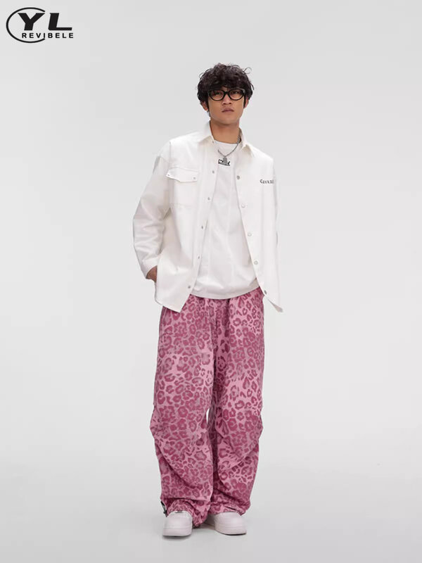 Pink Leopard Print Sweatpants Men Women American Hip-hop Baggy Parachute Pants Retro Street Casual Straight Cargo Trousers 2024