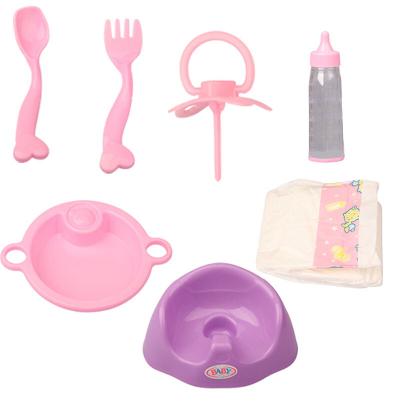 Boneca utensílios de mesa garrafa leite + colher + mamilo placa jantar simulado quatro conjuntos para 18 Polegada boneca americana & 43cm bebê boneca acessórios