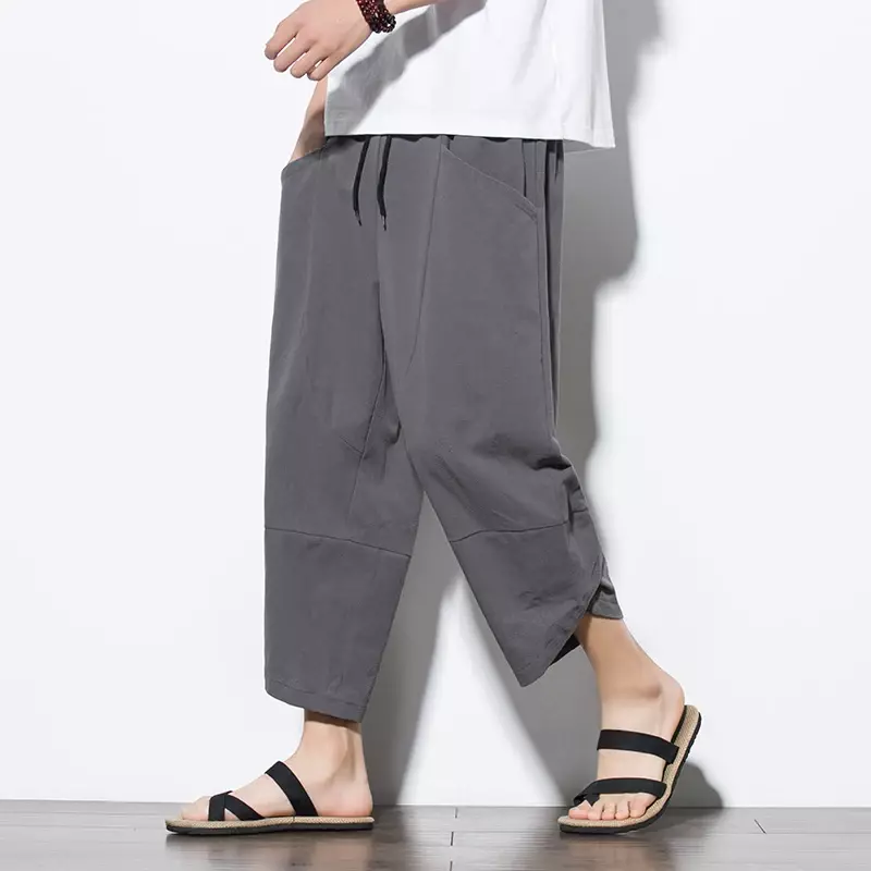 Men Chinese Style Cotton Linen Harem Short Pants Mens Retro  Streetwear Beach Shorts Male Casual Calf--Lenght Trousers