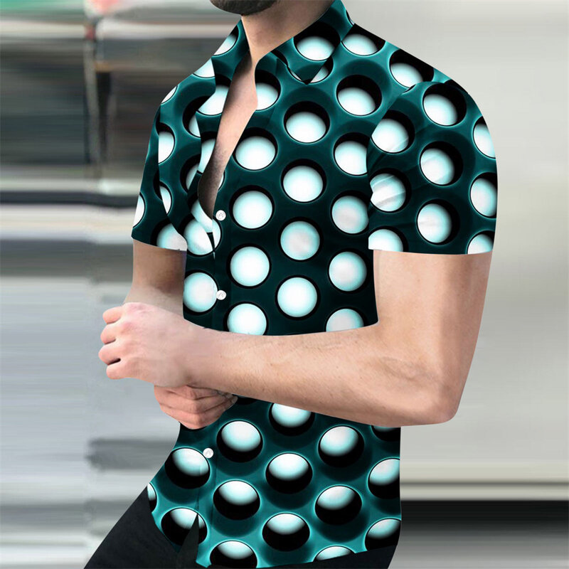 동굴 패턴 디지털 3D 프린트 반팔 라펠 셔츠, 개인 패션, 여름 남성 캐주얼 패션 셔츠
