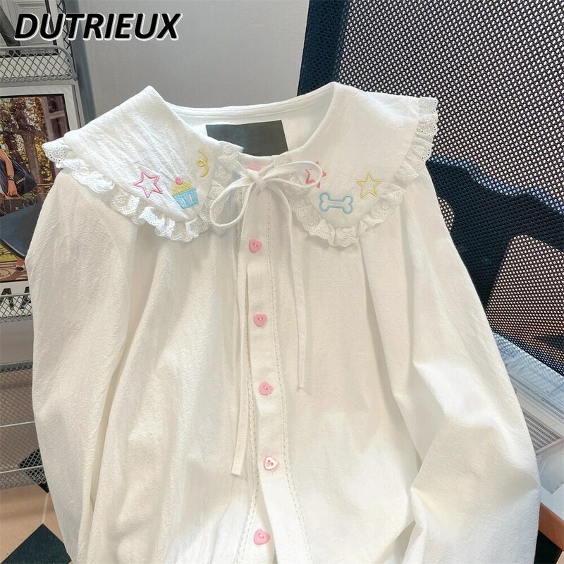 Japanese Style Cute Embroidered Lace Doll Collar Inner Shirt Spring and Autumn Casual Blouse Retro Women's Long-Sleeved Top