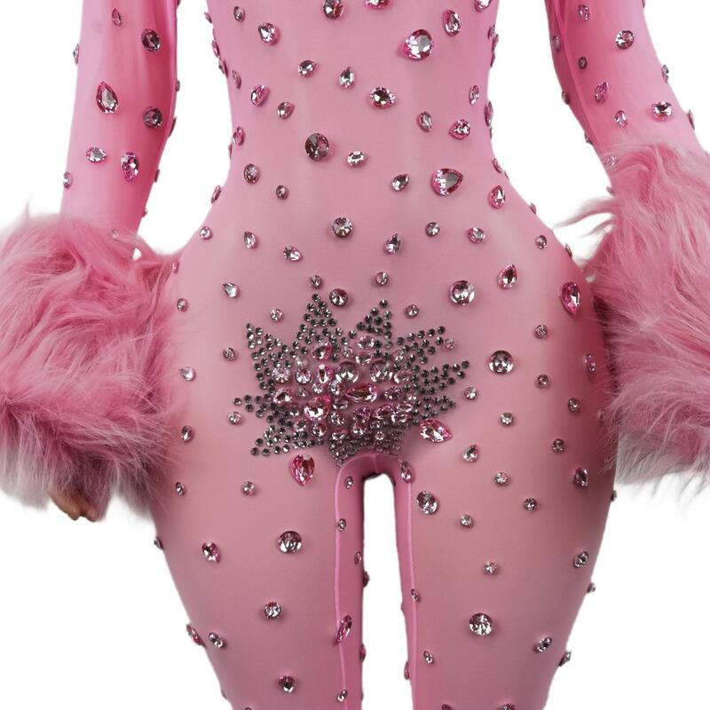 Tuta trasparente in rete rosa lucida tuta Sexy pelosa Designe Birthday Outfit Singer Dancer Performance Costume Stage Wear Guibin