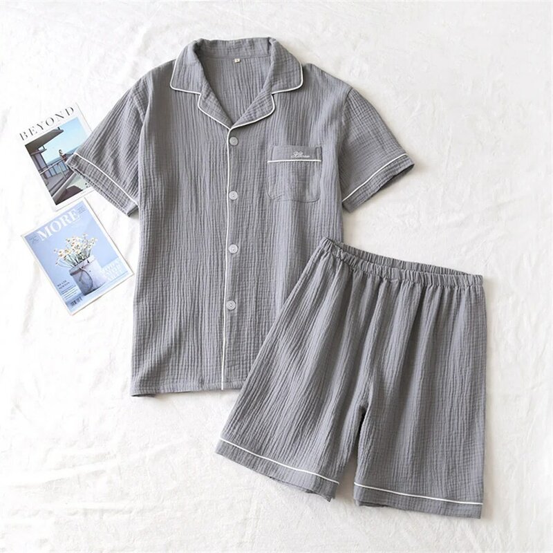 2024 New Summer Men Pajamas Suit Cotton Crepe Gauze Solid Color Simple Short-sleeved Shirt Shorts Sleepwear Men's Loungewear
