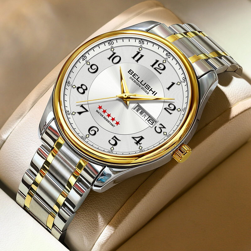 BELUSHI-Relojes de pulsera de acero inoxidable para hombre y mujer, cronógrafo de cuarzo, luminoso, para negocios, Unisex
