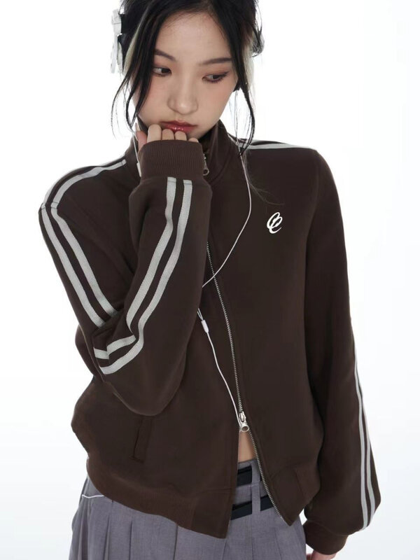 Deeptown Harajuku Vintage Zip Up felpe donna Grunge Kpop oversize Cropped felpa Retro Streetwear Casual Y2K top giacche