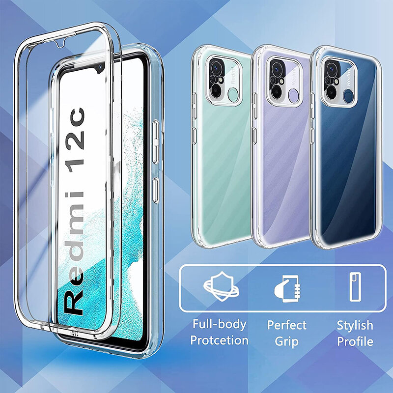 Capa de telefone de corpo inteiro, 360 °, transparente, híbrido, duro, macio, concha de silicone, ultra fino, Xiaomi, Redmi 12C, 2023