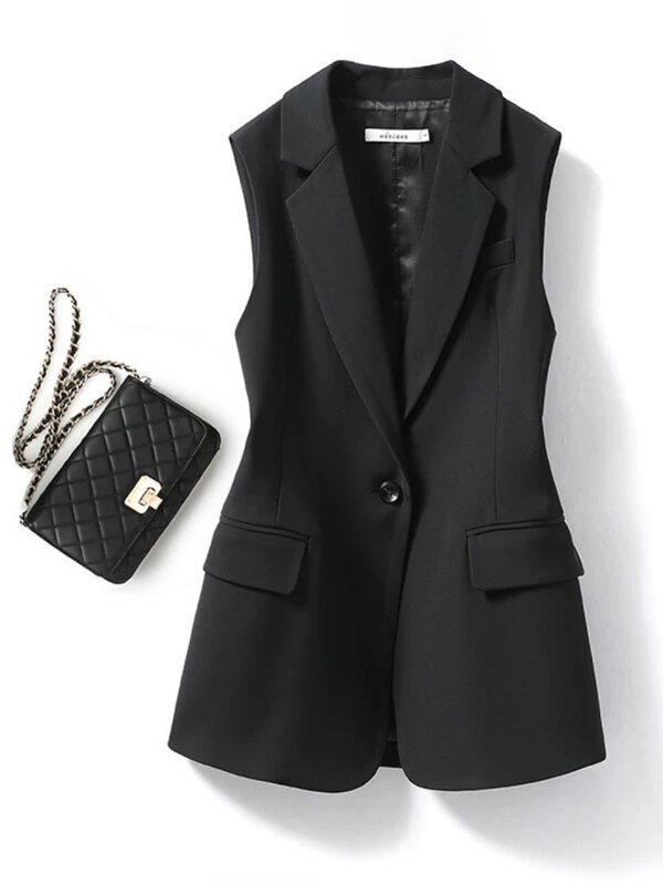 Women's Lapel Collar Vest Coat  All-Matched Single Breasted Sleeveless Classic Solid Color Chic Vintage Office Lady Jacket