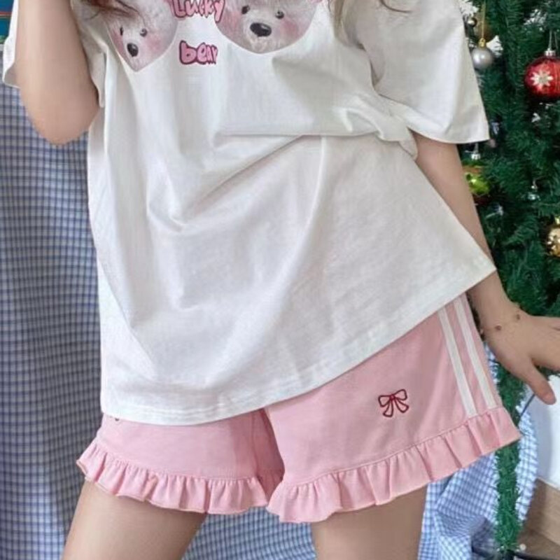 Celana pendek wanita Ruffles manis gaya Jepang Fashion All-match Kawaii Chic kasual Ins pinggang tinggi musim panas longgar Fit nyaman siswa