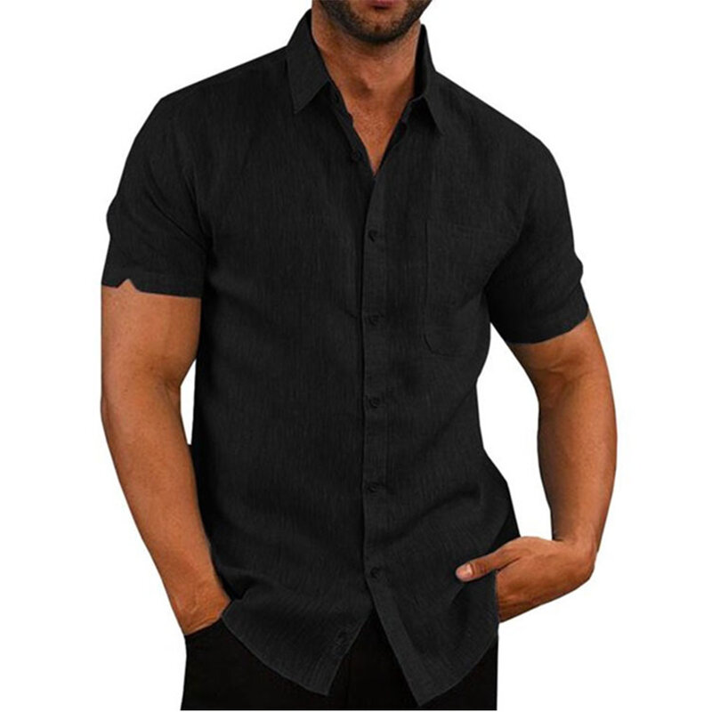 Cotton Linen Hot Sale Men's Short-Sleeved Shirts Summer Solid Color Turn-down collar Casual Beach Style Plus Size