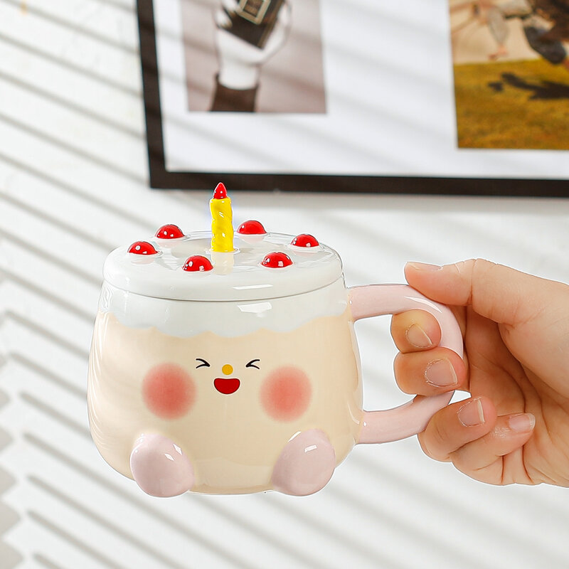 Cute Ceremic Cup with Lid Spoon Water Cup Coffee Mug Creative Gift Easy To Clean Summer Winter Drinkware