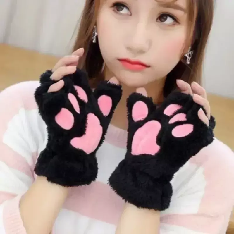 Luvas de pelúcia de gato kawaii para mulheres, sem dedos curtos, meio dedo, macio, quente, inverno, moda