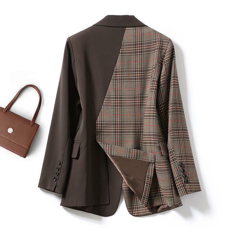 Pakaian wanita bergaya Inggris antik Blazer, mantel setelan ramping kotak-kotak desain mode tambal sulam baru musim semi musim gugur 2023