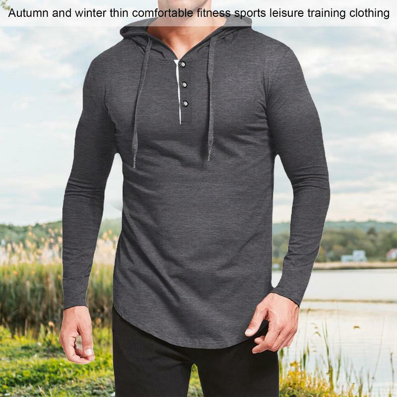 Sweats à capuche athlétiques à manches longues pour hommes, chemises décontractées, monochromatique, chemise à capuche de sport, haut avec cordon de serrage de proximité, bouton