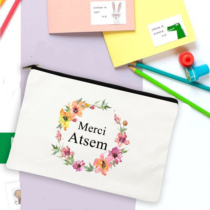 Merci Atsem French Print Best Atsem Gifts Travel Toiletries Pouch Makeup Bag Pencil Case School Stationery Supplies Storage Bags