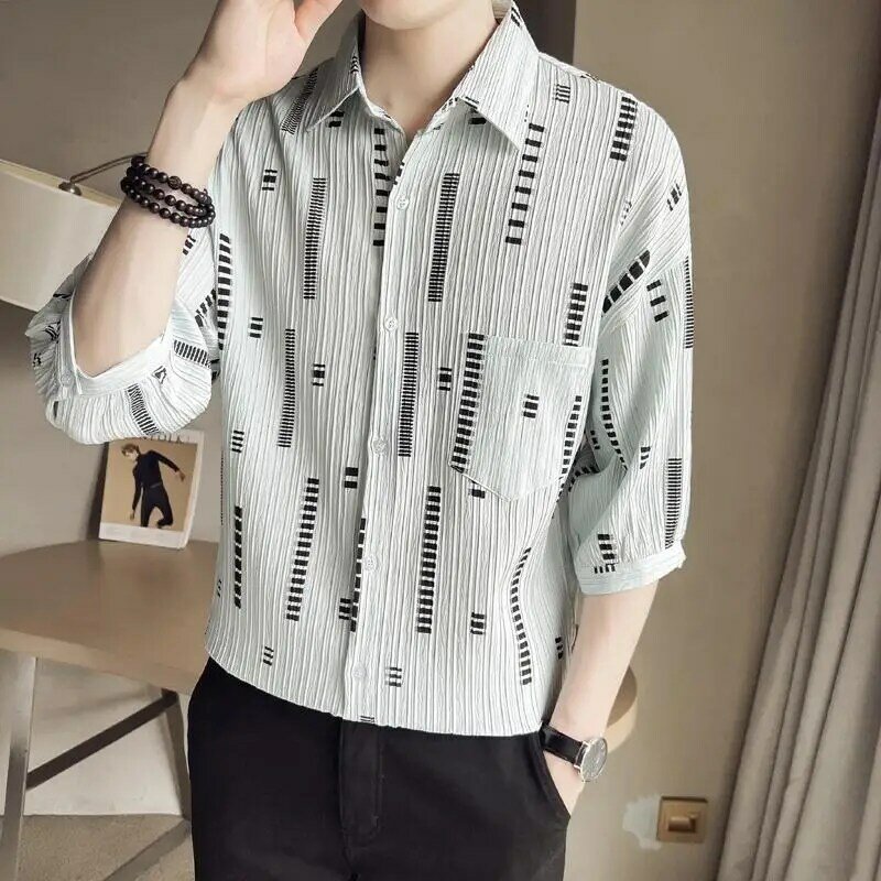Summer New Turn-down Collar Fashion Three Quarter Shirt Man High Street Casual Button Cardigan Striped Pockets Patchwork Tops